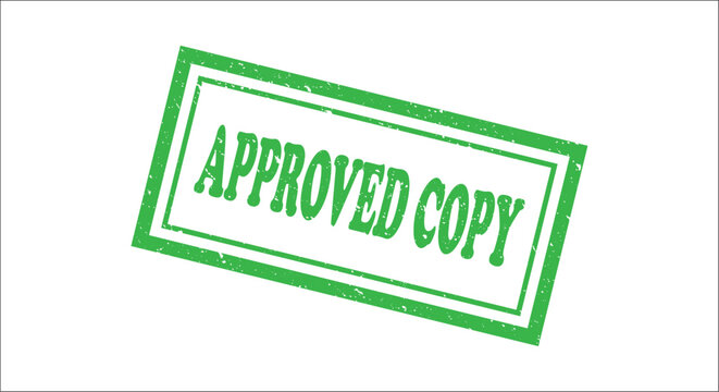 A green rectangular stamp displaying the text approved copy rests on a white background approval rectangle typography validation verified official