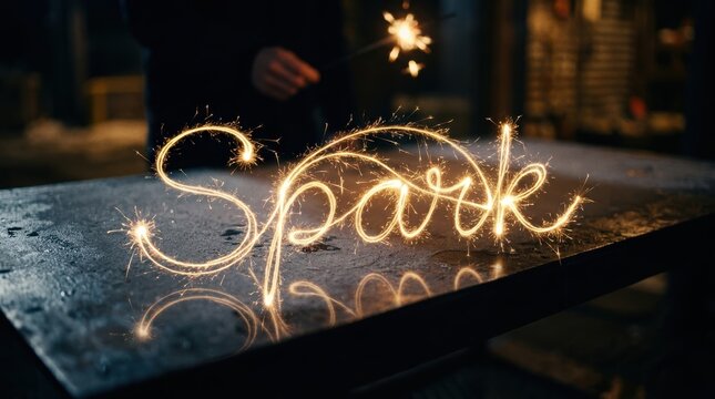 Sparkler trails writing cursive letters over chilled metal in darkness, golden afterglow fading after a single exposure