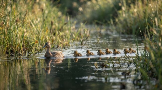 ducklings following mother duck through wetland reeds