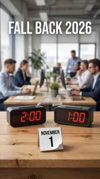 Fall back 2026 time change concept with alarm clocks reading 2:00 and 1:00 on a wooden table, blurred business team discussing in a bright modern meeting room