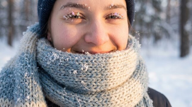 Shy smiling woman in a wool scarf with snowflakes on her eyelashes and winter sunlight on her face