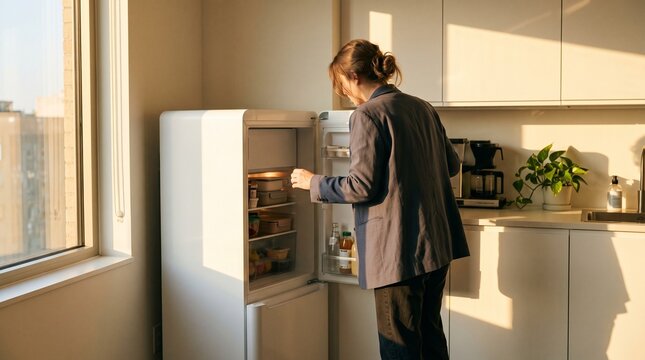Professional woman looking inside white kitchen refrigerator during warm sunset