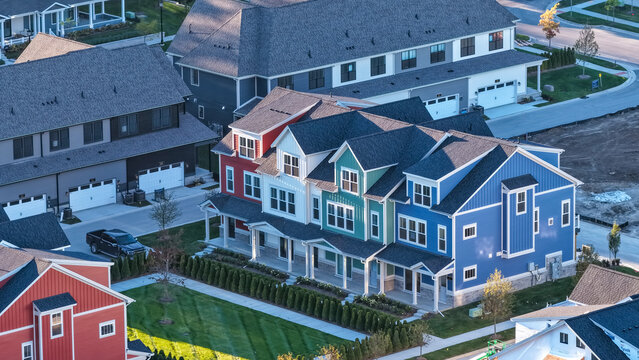Row of colorful modern houses in new development