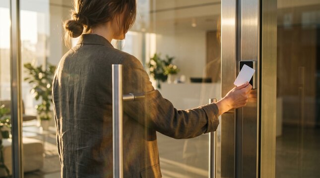 Professional woman unlocking modern corporate office glass door with card