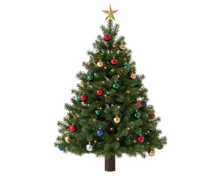 A 3D rendered christmas tree with green pine needles, decorated with colorful baubles, glowing string lights, and a gold star topper isolated on a transparent background