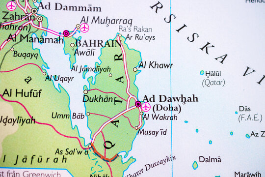 Close up political map of Bahrain and Qatar for Gulf travel planning concept.