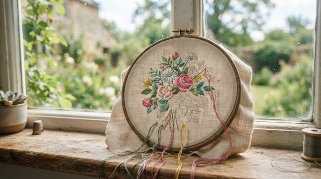 Half stitched floral embroidery in a hoop beside a studio window with hanging thread tails