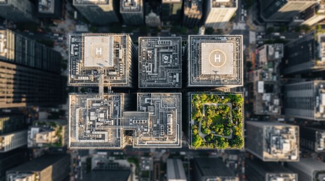 Overhead view of business district rooftops with HVAC units, helipad and a green roof