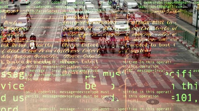 traffic lights at a on sathorn road in bangkok with code and data overlayed onto the road