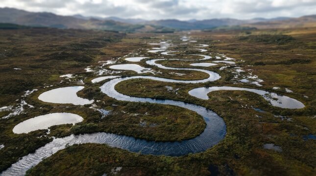Aerial view of a meandering highland river winding through marshland with silver oxbow loops and wetland channels