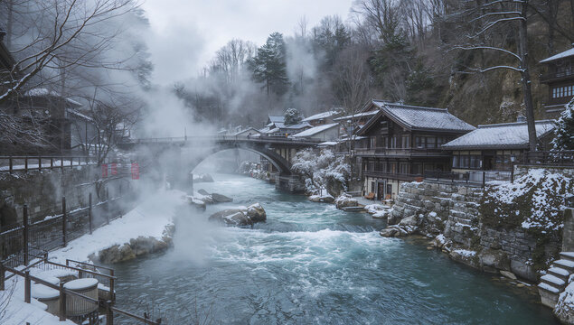 雪の温泉街を流れる青い川と湯けむり