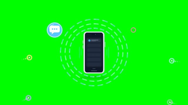 Animated smartphone with various app icons appearing and connecting around it. Clean design with green screen background for easy compositing. Ideal for technology, communication, and app presentation