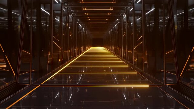 Futuristic illuminated corridor recedes through a reflective digital tunnel. Technology presentations, cybersecurity media, and digital infrastructure advertising.