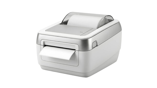 Sleek modern label printer in clean workspace setup, concept for agile workflow optimization and scrum task tracking in software development sprints