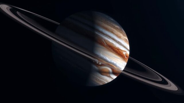 Banded ringed gas giant rotates slowly against a black outer-space background. Astronomy education, science documentaries, and planetary science presentations.