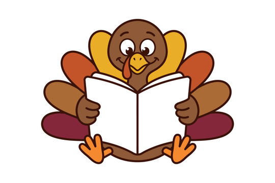 A cute cartoon turkey sitting down and reading an open book isolated on a white background