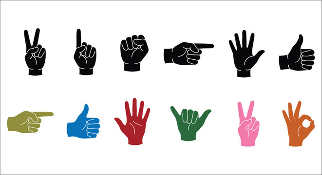Collection of hand gestures in silhouette style featuring diverse signs and colorful variations hand gesture hand sign palm gesture fingers vector illustration graphic design isolated