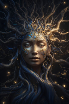 art portrait of beautiful   Eyva tree- goddess. close up. Digital artwork. Ai generated