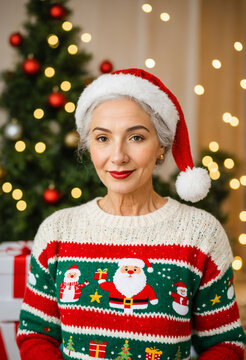 mature woman with gray hair and red lipstick wearing a santa hat and festive sweater holding a wrapped present in front of a decorated tree with lights
