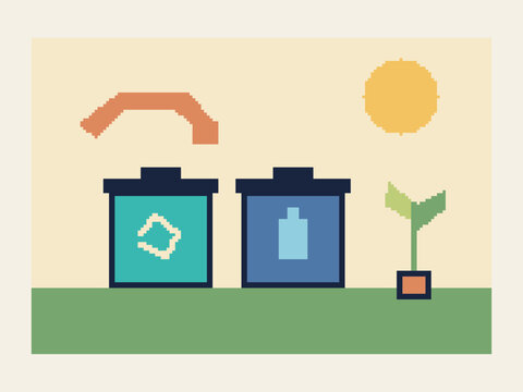Pixel art waste sorting station beside a growing plant.