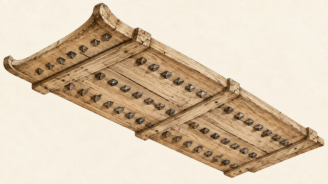 Wooden Threshing Board with Rows of Embedded Stones