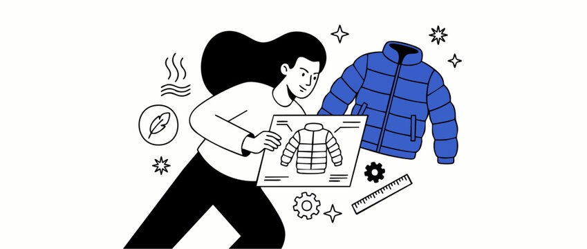 Fashion designer creating jacket blueprint for winter puffer coat production, developing apparel tech pack and garment specifications, vector illustration for outerwear manufacturing and product desig