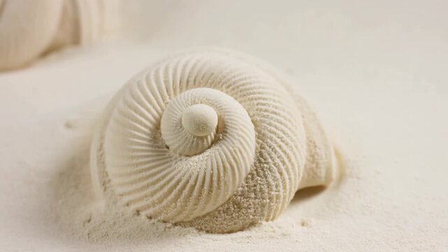 Spiral seashell resting on fine sand in a softly lit coastal close-up. Nature documentaries, marine biology education, and coastal tourism promotion.