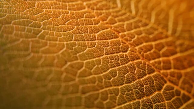 Macro leaf texture shifts gradually from green through yellow to orange across a veined botanical surface. Nature-themed title, botanical presentation design, and environmental campaign.