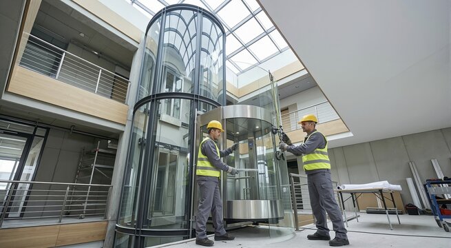 Glass elevator installation. Building work and skilled trade