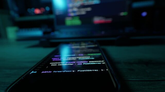 Smartphone screen displays automated vibe coding syntax with an AI prompt button on a dark desk. Glowing code highlights edge computing architecture and buffer management sequences.