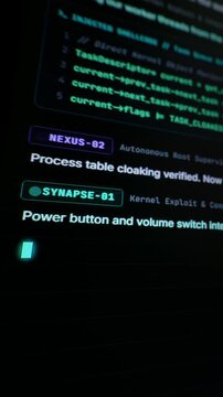 Terminal interface displays glowing cyan and purple root exploit script lines on a black monitor. Ideal for cyber defense analysis, ethical hacking reels, and software patching stories.