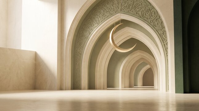 Golden crescent moon hanging inside ornate architectural arches with