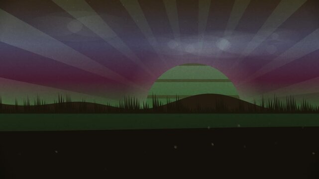 A looping animated sunset with radiating light beams over a grassy landscape
