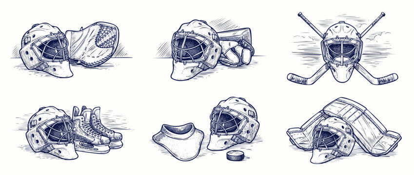 Vintage ice hockey goalie equipment hand drawn engraved sketch illustrations isolated on white collection featuring retro masks sticks skates and pads for winter sports gear athletic design elements.