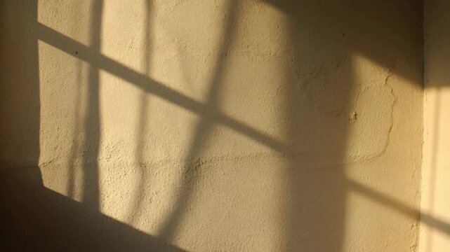 Warm sunlight casts shifting window shadows across a textured plaster wall. Interior design presentations, wellness content, and lifestyle advertising.