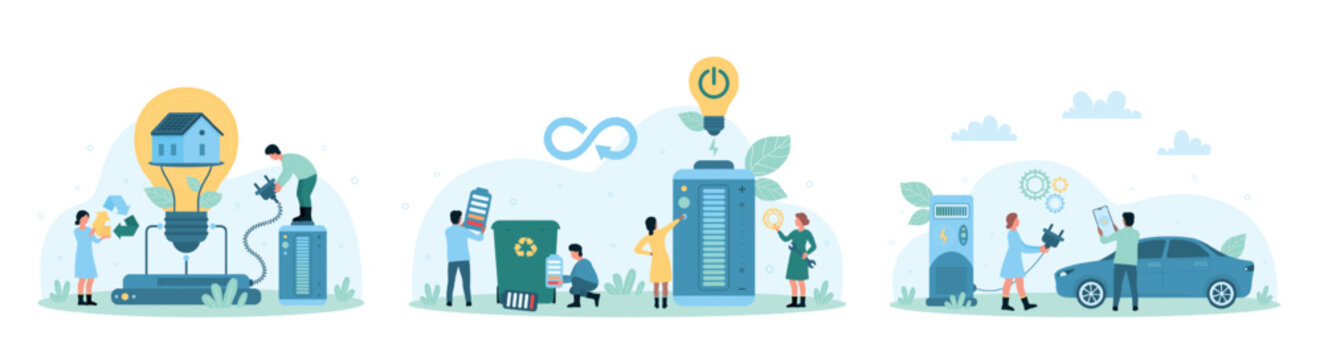 Eco energy vector illustration. Cartoon tiny people save ecology, recharge electric car and smart home inside bright light bulb with battery and smart station, recycle waste charger and accumulator