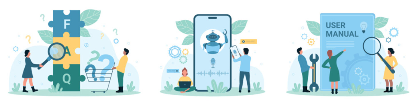 FAQ inquiry set vector illustration. Cartoon tiny people look through magnifying glass at FAQ letters inside puzzles, study user manual book, talk to chat bot on phone screen using voice messages