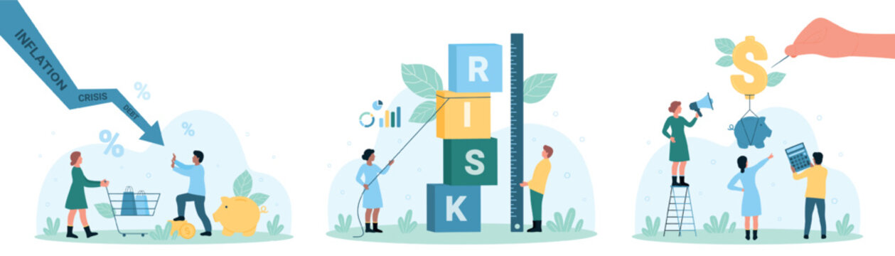 Finance, investment risks set vector illustration. Cartoon hand with needle bursts balloon with piggy bank, tiny people push cubes with word risk, holding arrow of crisis, debt in falling down