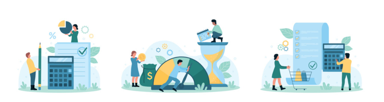 Financial accounting and budget set vector illustration. Cartoon tiny people with bank bill and calculator calculate tax and loan payment, bookkeeper character pushing arrow of economic meter