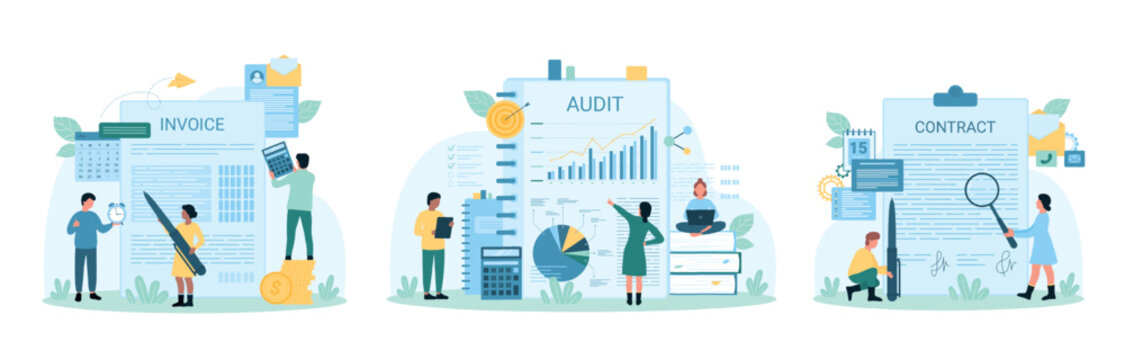 Accounting and audit set vector illustration. Cartoon tiny people with magnifier check invoice, contract and budget planning, accountants calculate revenue and taxation, finance document management