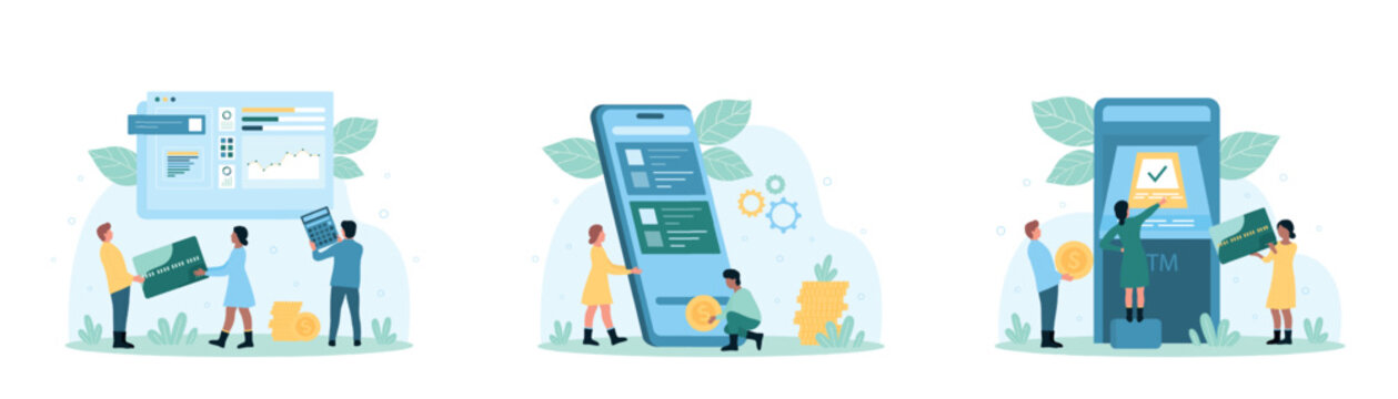 Credit card management, online payment set vector illustration. Cartoon tiny people pay and transfer money with bank mobile app in phone and ATM machine, work with financial charts for analysis