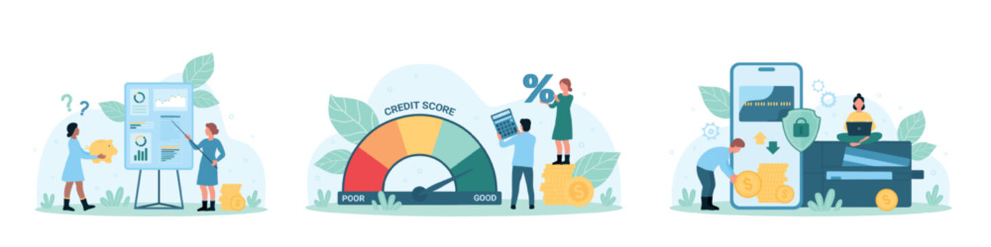 Financial reports set vector illustration. Cartoon tiny people improve credit score level, work with data presentation, transfer and pay money from electronic wallet and credit card on phone screen