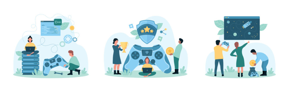 Game development, gamification and esport competition set vector illustration. Cartoon tiny people play video game with gamepad, developers programming and coding digital world and gaming process