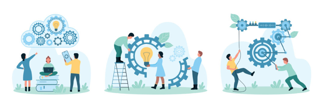 Work with digital business projects set vector illustration. Cartoon tiny people turn gears and wheels of factory mechanism system, connect light bulb to cogwheel to improve data configuration