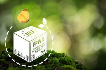 Plakat PPWR text and icons on natural background.packaging and packaging waste regulation concept.