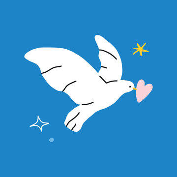 White flying dove carrying a pink heart against a bright blue background. Playful flat cartoon illustration symbolizing love and peace for Valentine cards, wedding stationery and romantic designs.