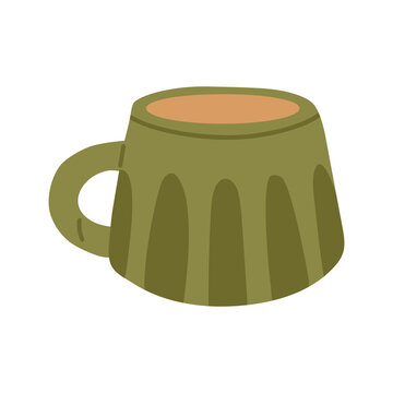 Olive green ceramic mug with a rounded shape and vertical ribbed details. Simple hand drawn flat illustration for cozy kitchen decor, coffee and tea designs, pottery branding and autumn prints.