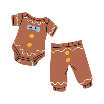 Cute gingerbread man baby outfit featuring a brown bodysuit and matching pants with icing details and candy-like buttons. Hand drawn flat illustration for Christmas baby photoshoots, holiday costumes 