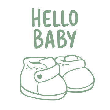 Minimal hand drawn baby booties with Hello Baby lettering in soft sage green. Flat illustration for newborn announcements, baby shower invitations, nursery prints and keepsake cards.