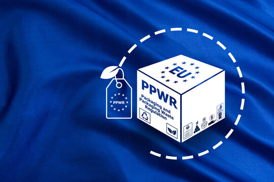 PPWR text and icons on blue fabric background.packaging and packaging waste regulation concept.